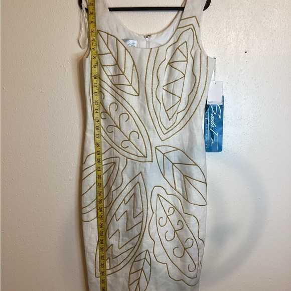 Santa Fe By Jim Tremblay Sheath Ramie Gold Embroidered Leaves Dress Size 4 NWT - Picture 5 of 9